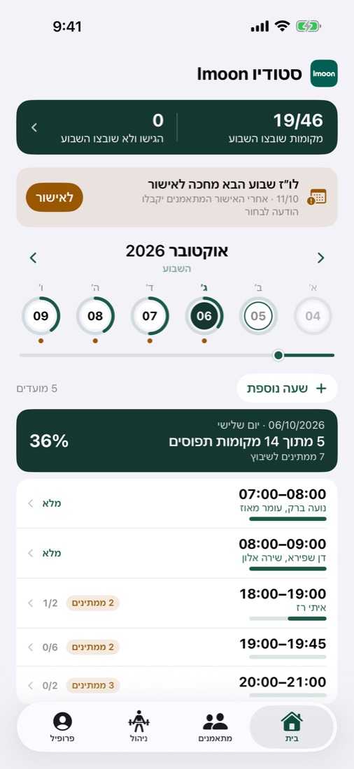 מסך הבית של המאמן: ימי השבוע וכמה מקומות תפוסים בכל יום